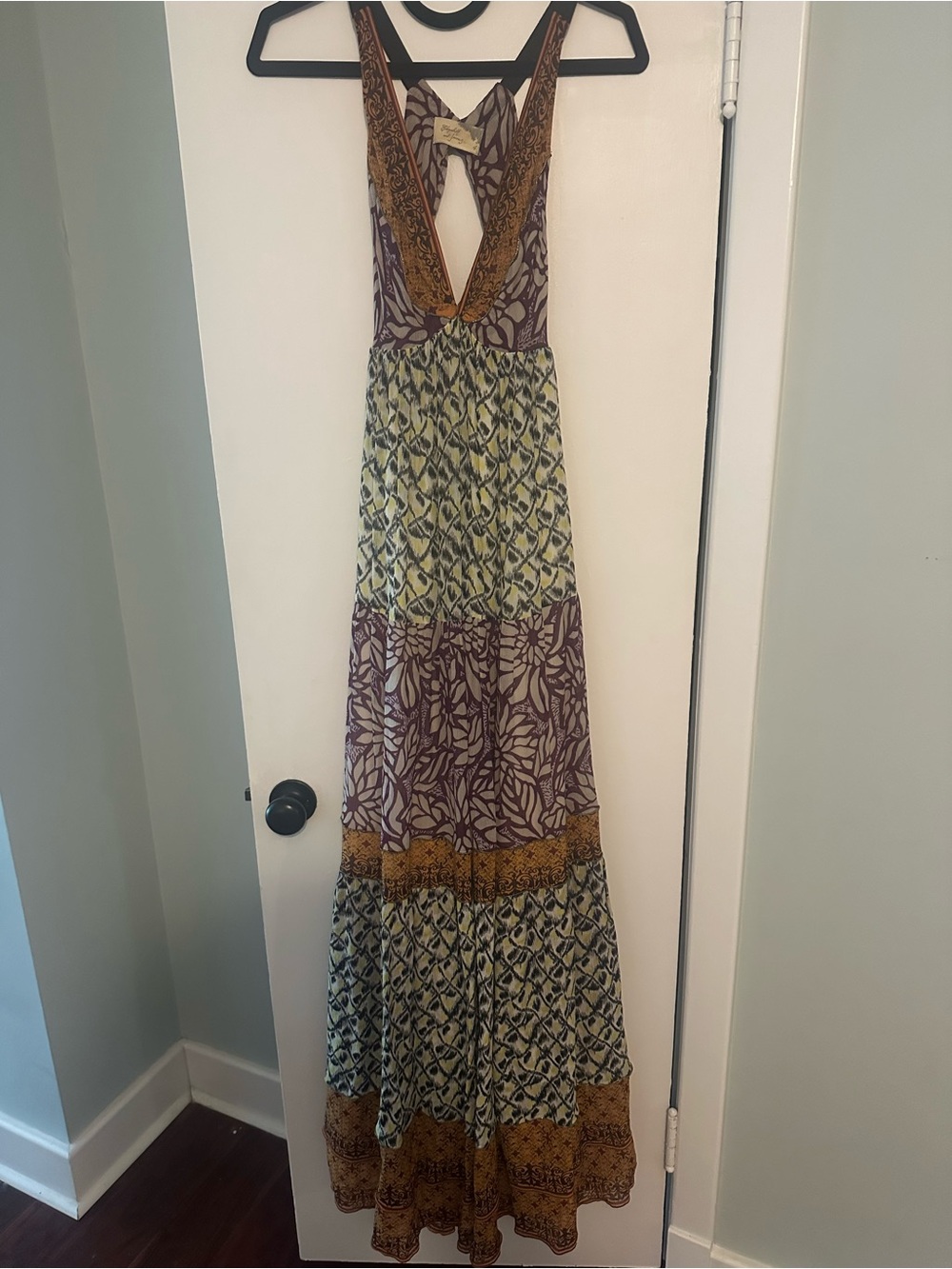 Elizabeth and James Tiered Maxi Dress in Purple, Green, and Mustard 4